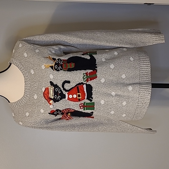 Karen Scott Gray Not Ugly Christmas Sweater Santa Plaid Sequin Cat Womens Small - Picture 3 of 13